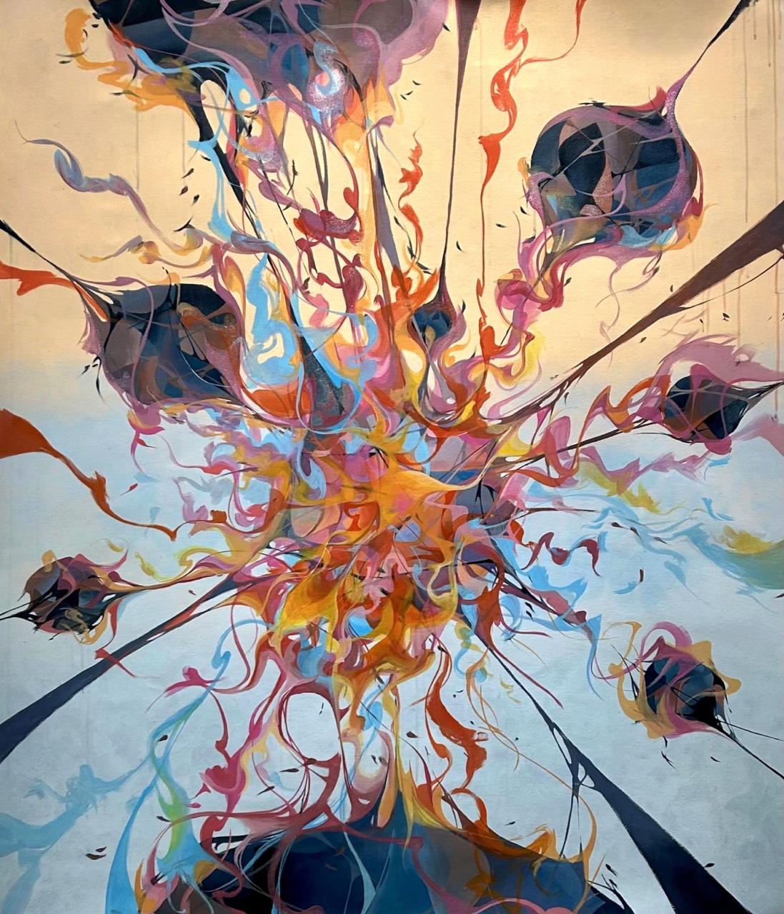 Joanna Mae Mones, BFA Drawing & Print Media minor Grad, Breaking Free, Acrylic and iridescent medium on canvas, 53" x 64", 2024. Abstract painting with swirling, ribbon-like strokes in vibrant orange, pink, purple, and blue radiating from the center, accented by dark geometric orbs.