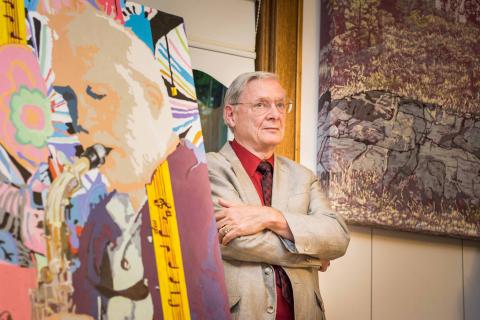 Dennis and his paintings, Lier House Art Centre in Penticton