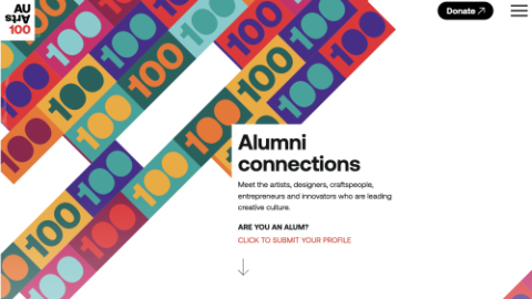 Screenshots of the AUArts' Alumni Directory homepage labelled 'Alumni connections'