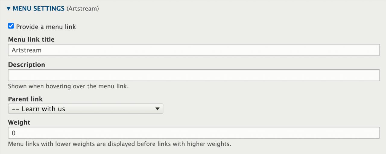 The user screen for page menu settings in Drupal.