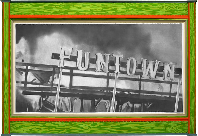 Funtown: Electrical Fire Extravaganza. 2014. Charcoal, pastel on rag paper, artist's frame. Paper: 26 x 50 Frame: 39 x 56 1/2.  