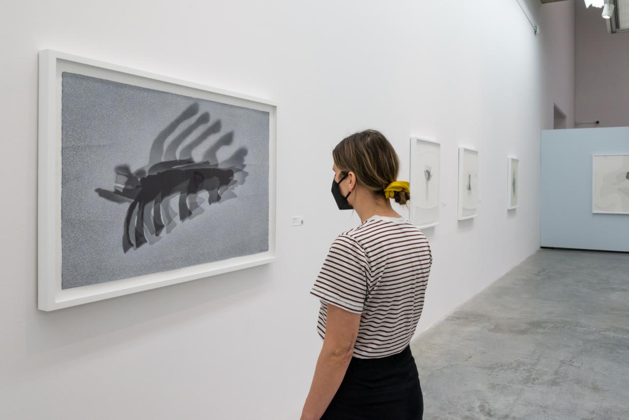 viewer looks at framed graphite drawings in a gallery