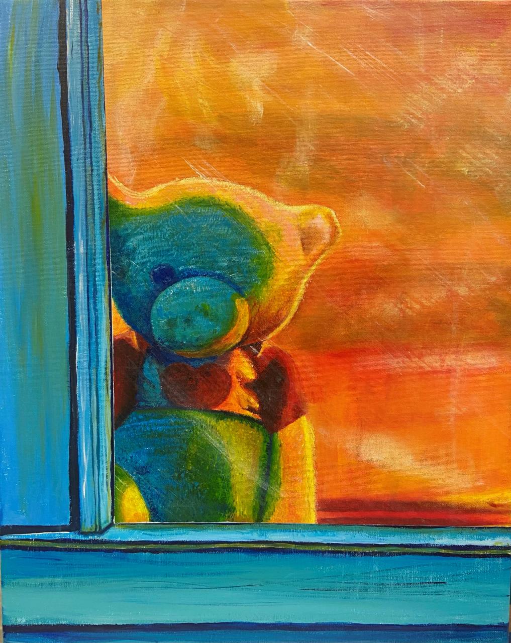 Painting of teddy bear in window