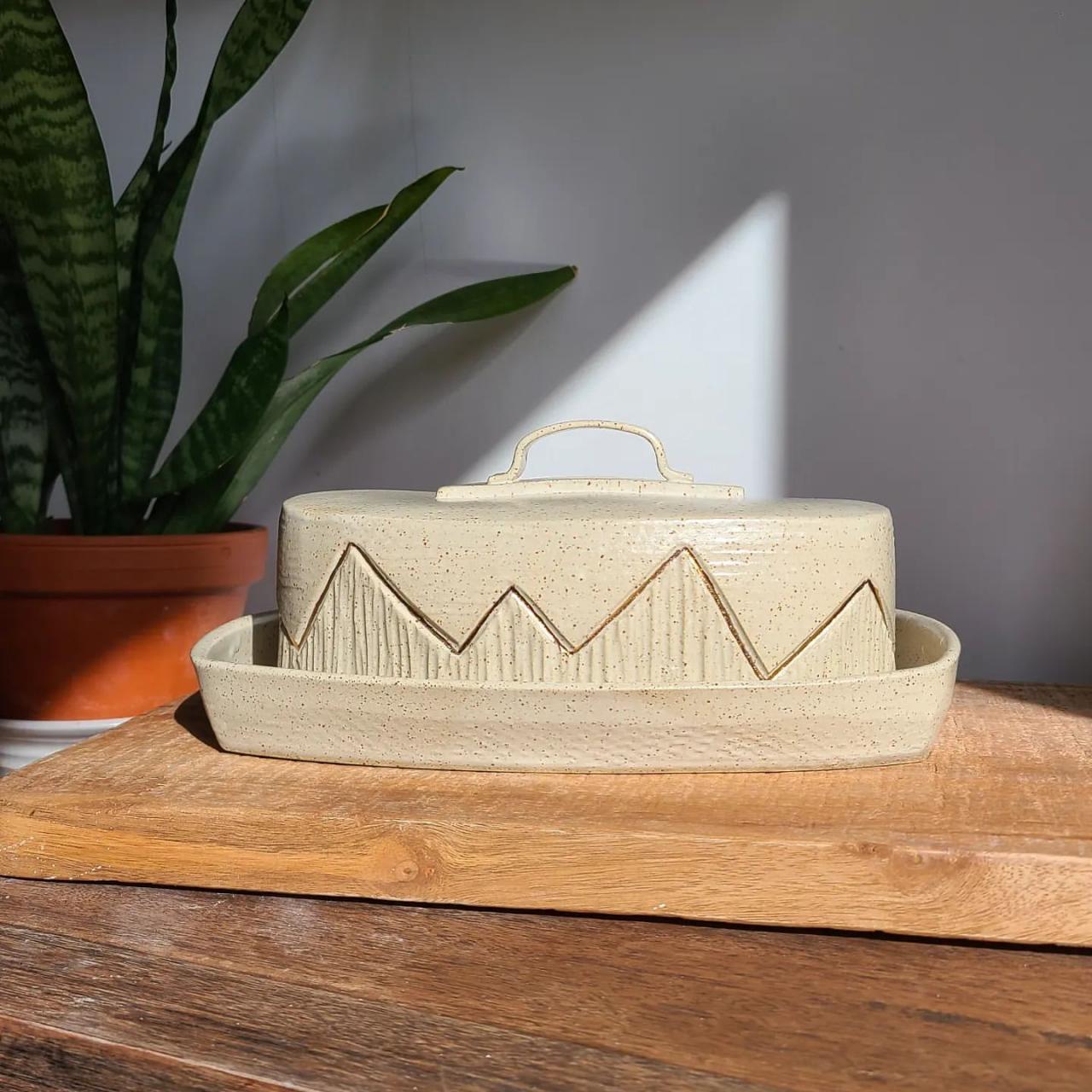 handmade ceramic butter dish with handle