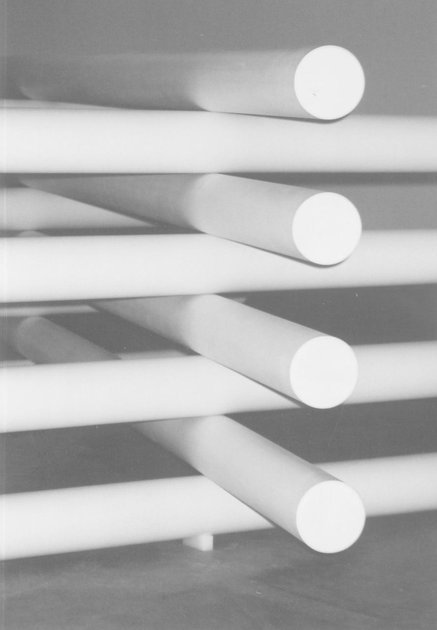 Paul Jackson, detailed view, Appendix A: The Detour, 2004. Long white pipes intersecting with each other in grayscale. 