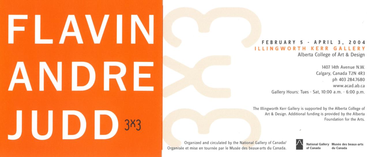 3 x 3, postcard, 2004. Image reads: FLAVIN, ANDRE, JUDD in white text on an orange background. 