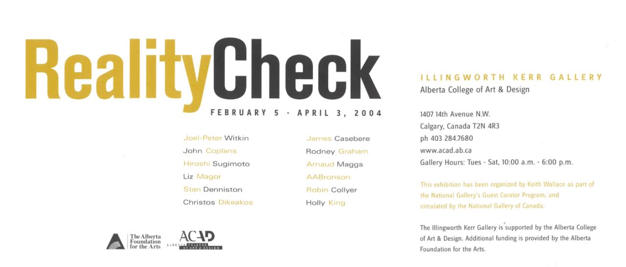 Reality Check, postcard, 2004. Reads: RealityCheck in yellow then black font on a white background, artists names are below on the righthand side.