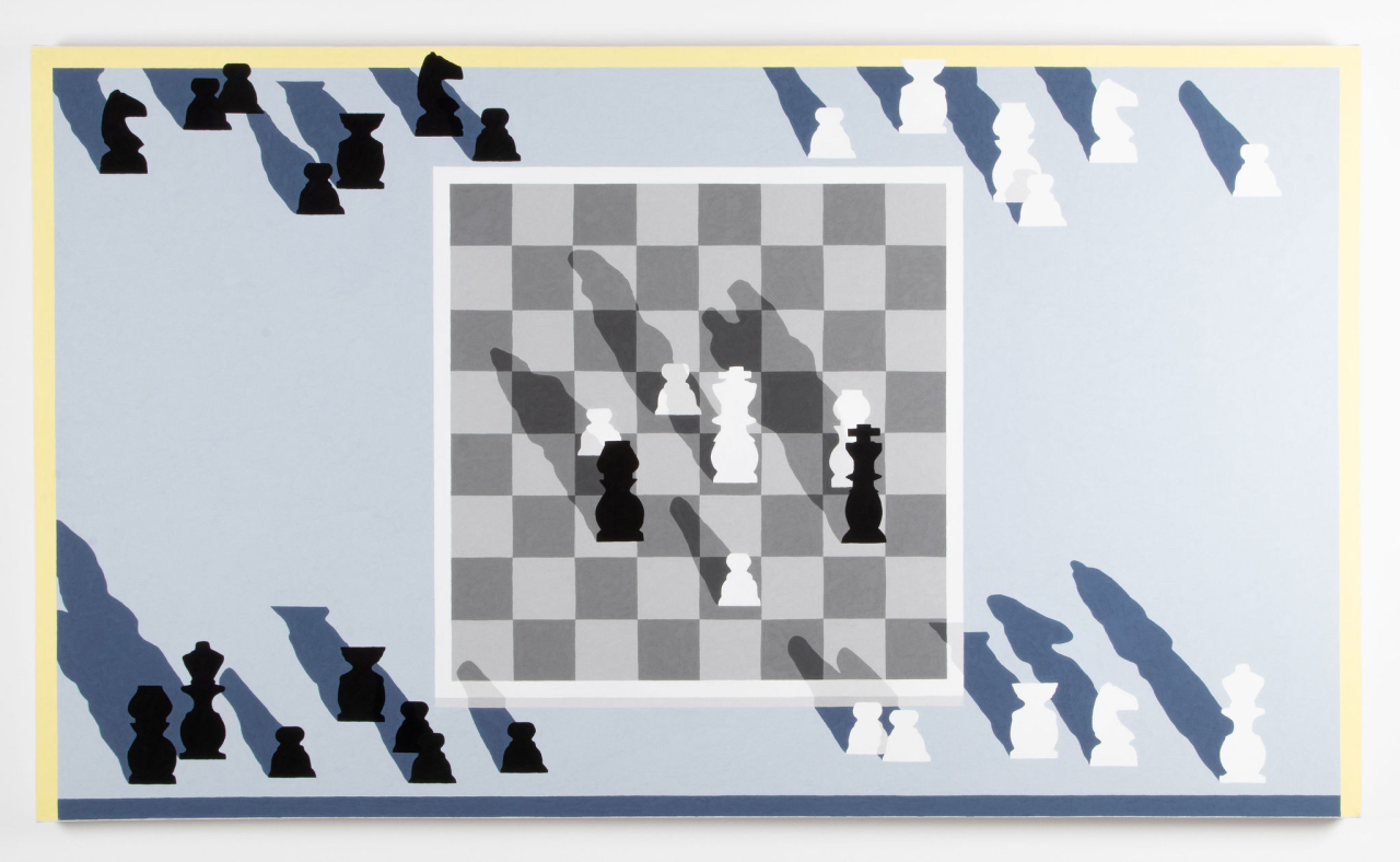 A painting featuring a stylized chessboard with black and white chess pieces. The board is set within a larger composition where additional chess pieces cast long, dramatic shadows on a pale blue background.