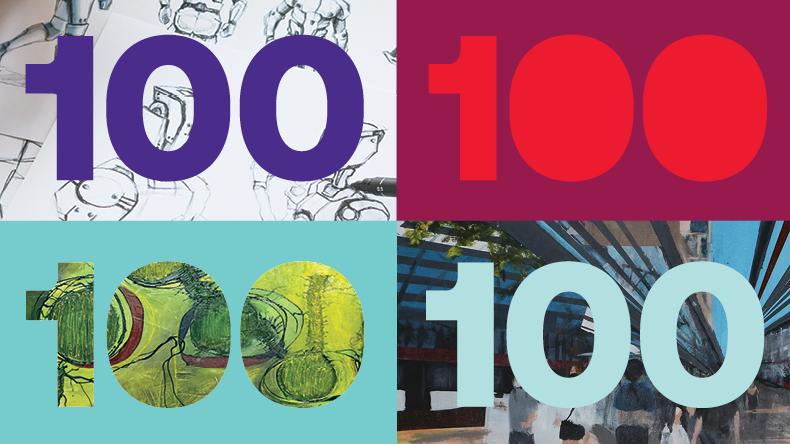Four quadrants featuring the number '100' in bold colors, overlaid on sketches, paintings, and abstract artwork, celebrating AUArts' centennial