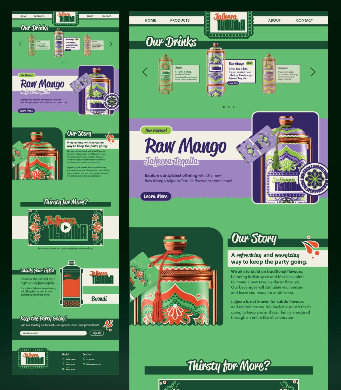 Priya Shukle, 4th Year, Graphic Design & Advertising, Jaljeera Tequila (Brand, Product and Package Design) Landing page mockup for Jaljeera Tequila, featuring colorful bottles, new Raw Mango flavour, and brand story sections.