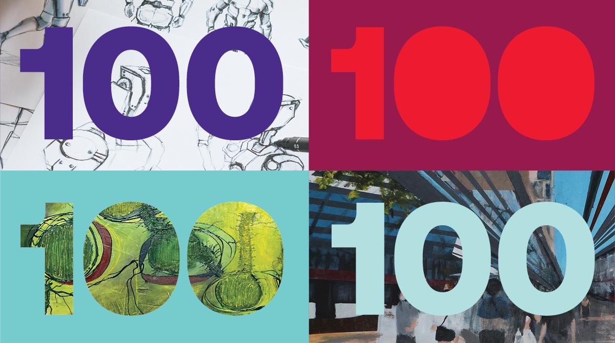 auarts centennial graphic with 100 logo printed over photos and student artwork.