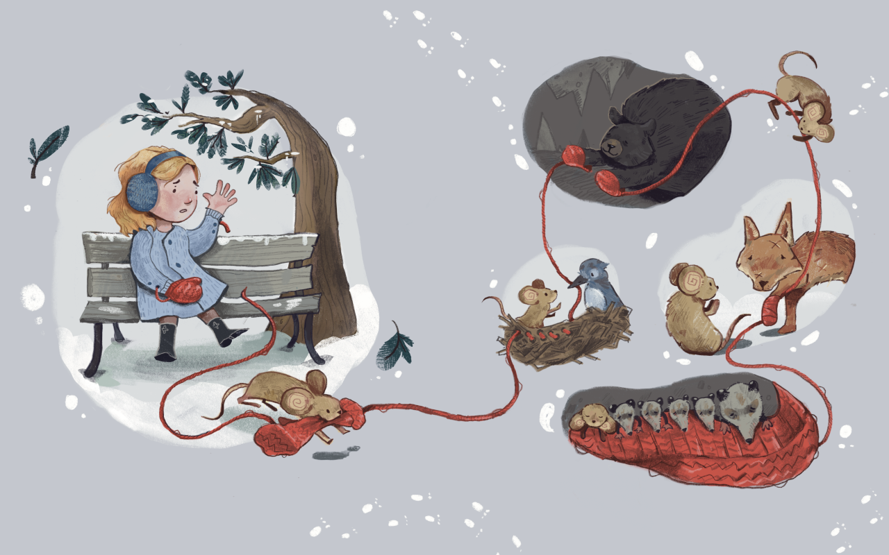 Chantel Giles, The Red Mitten Illustration titled The Red Mitten by Chantel Giles, showing a young girl on a snowy bench who has dropped her red mitten. A string of red yarn connects the mitten through a whimsical sequence where animals—a mouse, bird, bear, fox, and possums—use it for warmth and play.