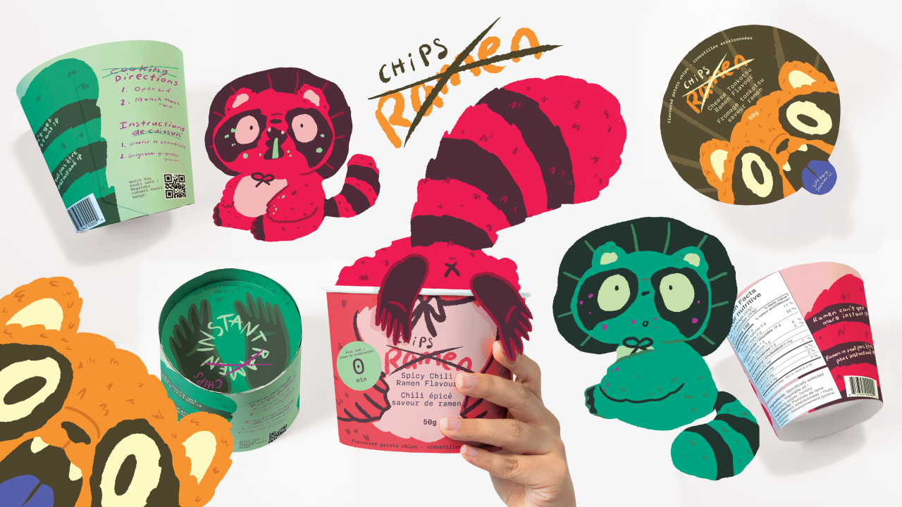 Ramen Flavoured Chips Package Design, Julia Dela Pena (4th Year Graphic Design & Advertising Student) Colorful chip packaging with cartoon red pandas, designed by Julia Dela Pena, 4th Year Graphic Design & Advertising student.