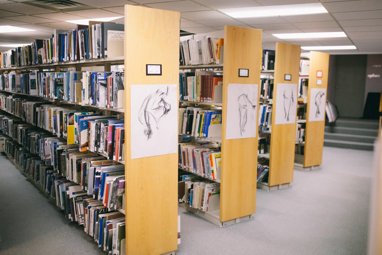 Comic Studies Studio Rows of bookshelves in a library filled with art and design books. Large charcoal figure drawings are displayed on the wooden end panels of the shelves, adding a creative atmosphere to the academic space.