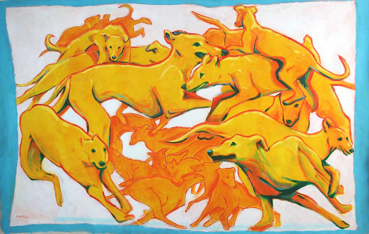 Victor Matthews, 1st Year Studio Art, Galivanting Greyhounds, acrylic on canvas Acrylic painting of several greyhounds in motion, their elongated forms overlapping dynamically across the canvas. The composition emphasizes movement and energy, with expressive brushstrokes and layered color.
