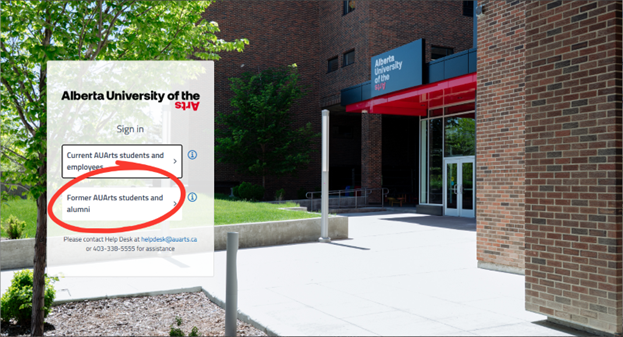 AUArts sign-in page showing option for former students and alumni.