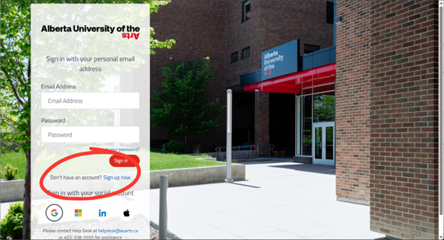 AUArts login screen with email and password fields and sign-up link highlighted.