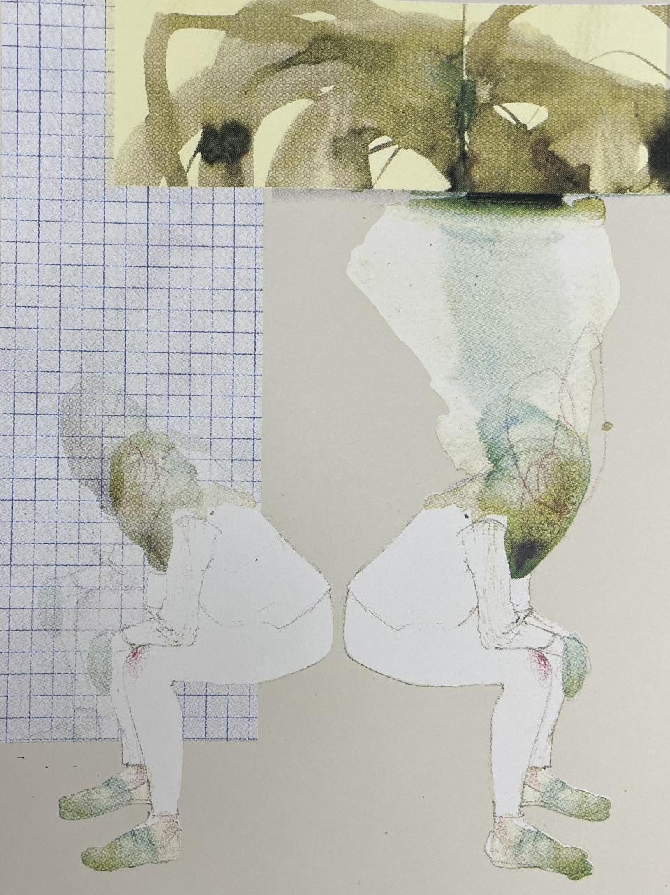 Invisible Visible by Heather Huston, a mixed-media artwork of two seated figures beneath abstract organic forms and blue grids.