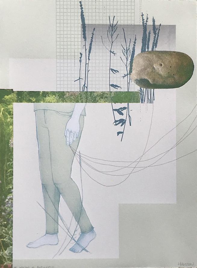 Weight of Anticipation by Heather Huston, a mixed-media collage of walking legs, botanical forms and delicate curved lines.