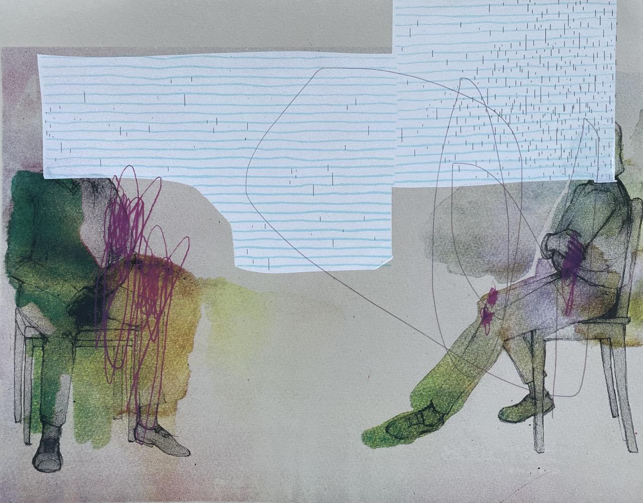 Interruption by Heather Huston, a mixed-media collage depicting two seated figures amid layered colors, lines and blue patterns.