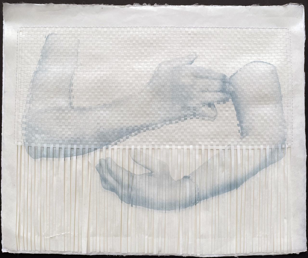 Time Collapse by Heather Huston, an abstract woven-paper artwork with pale blue overlapping figures and layered white strips.