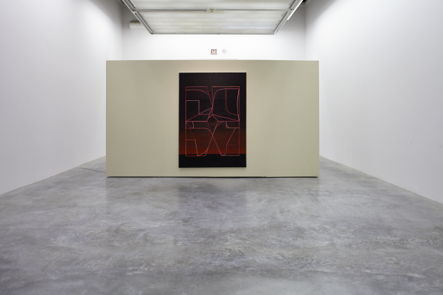 Coming into the gallery there is a large red and black painting covering a little under a third of a floating wall.