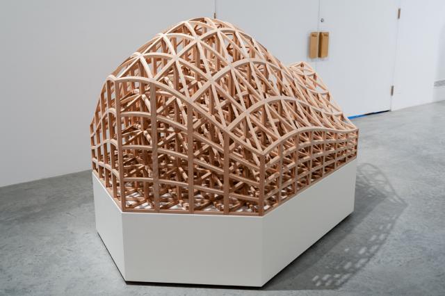 Brendan McGillicuddy. Overtone. 2014. Complex cherry wood structure on white plinth.