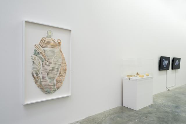 View of a large fragmented teapot print, objects in a display case and two screens showing Sparrow Holes (2013) and Badger Spiked (2013) 