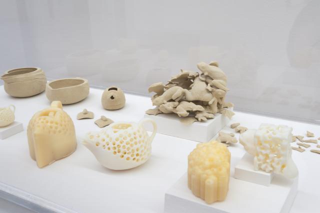 Detail of objects in the display case. Variations of the same shape in clay and plastic are placed against the white background. There are sparrow teapots and frogs. 