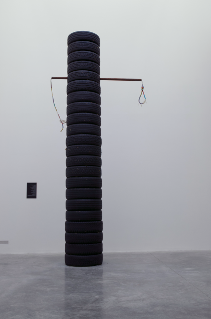 plant, settle sow (2013) 16’ x 30” Tires, rope, wool, scaffolding, stainless mesh, seeds