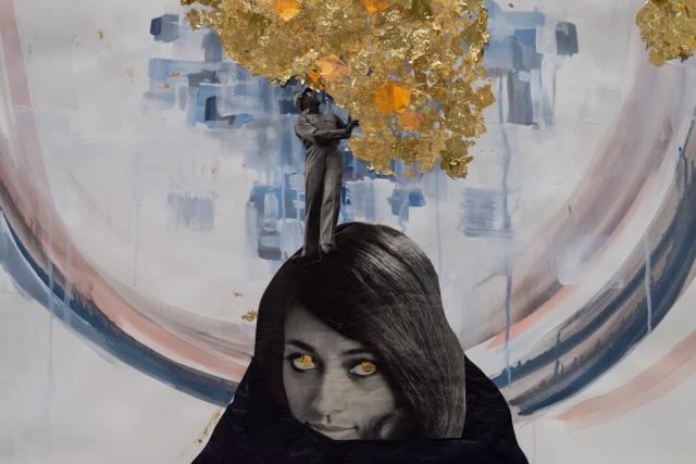 Detail of Oracular Rooftop (Auntie Entity), 2016 Watercolor, denim, collage on paper, gold leaf, participation. Photo Credit Chelsea Yang-Smith. 