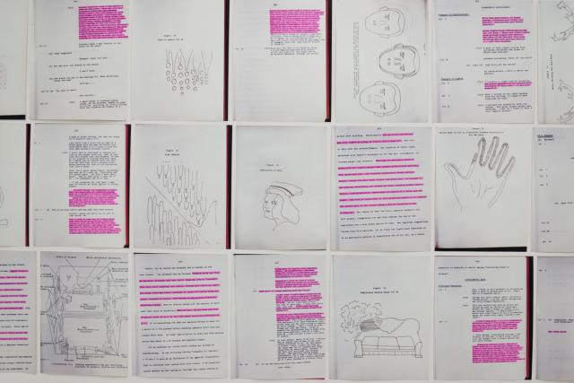 Research material for The Beyond Within showing notes from scientists during psychedelic trials, with some passages highlighted