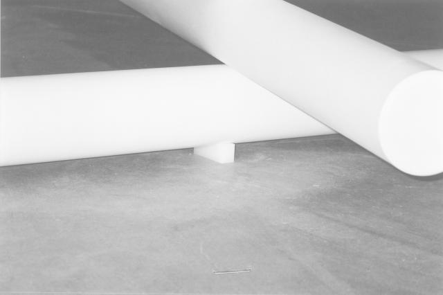 Paul Jackson, detailed view, Appendix A: The Detour, 2004. Long white pipes intersecting with each other in grayscale. 