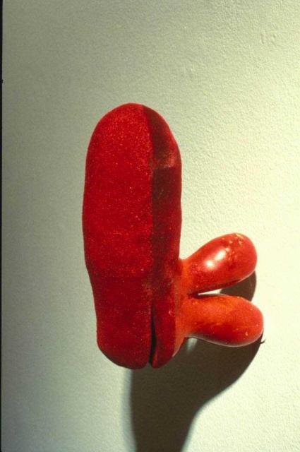 Jim Shrosbree, work detail, 2004. Sculptural work composed of a red bulbous form affixed to a white wall. 