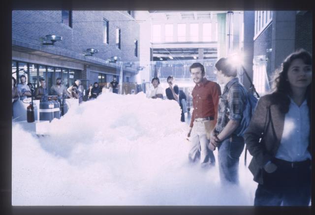 Noel Harding, Performance view, complexity can create simplicity of form: flying gliders and walking in the clouds, 1980.