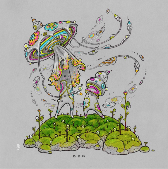 A whimsical and detailed illustration of surreal mushrooms adorned with vibrant patterns and surrounded by organic forms, showcasing intricate linework and a playful sense of imagination