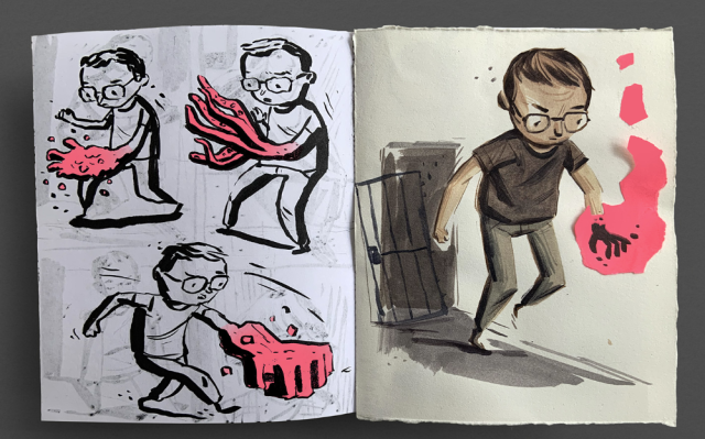 A sequence of expressive sketches depicting a character discovering a surreal, glowing hand, transitioning from rough concept to a detailed illustration with bold colors.