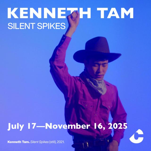 A young man in a cowboy hat, pink shirt, and neckerchief stands with his eyes closed, arm raised in a gesture of expression, against a blue-lit backdrop. White bold text reads: “Kenneth Tam Silent Spikes, July 17—November 16, 2025.