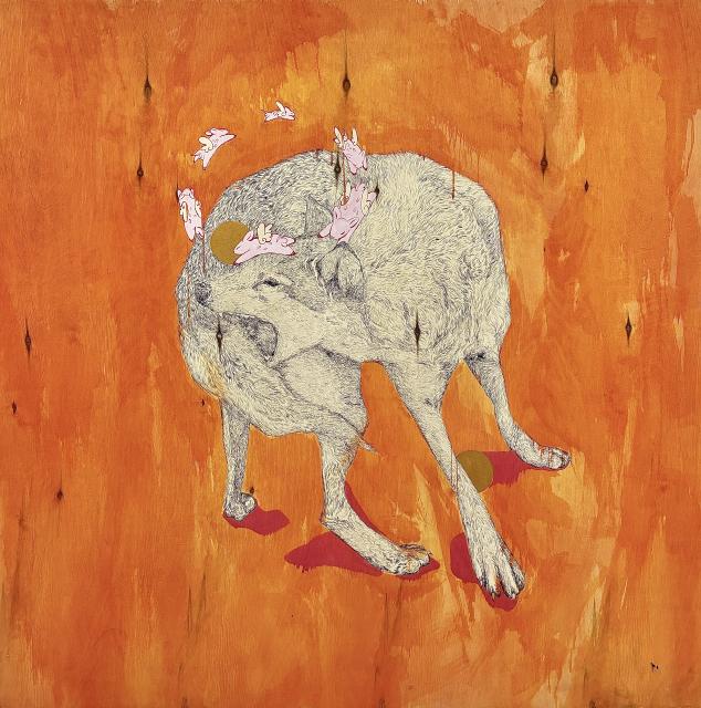 Sasha Terway, 25' BFA Drawing Grad, Taunt, 4'x4' Ink on Plywood Ink drawing on plywood of a wolf surrounded by small pink creatures on an orange background, by Sasha Terway, Taunt.