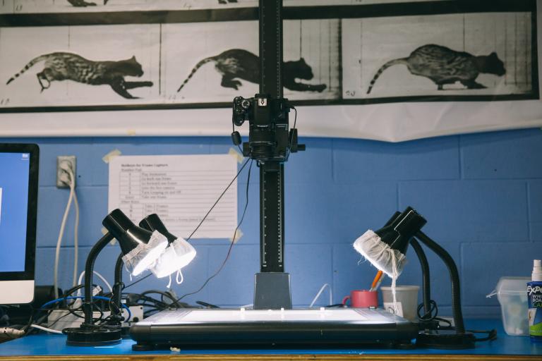 animation studio with motion graphics on the wall