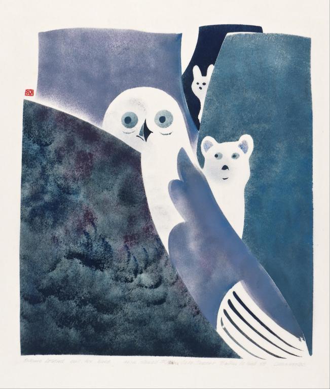 Osuitok Ipeelee Owl, Fox and Hare Legend (1959) Printed by the artist, with James Houston Photo: Marie-Louise Deruaz