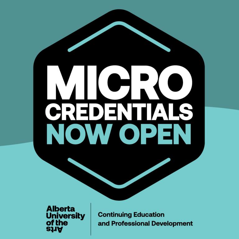 hexagonal shape with text "micro-credentials now open" and auarts/continuing education logo