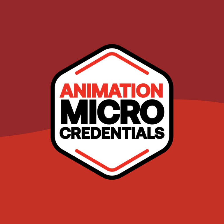 animation micro-credentials on two tone red background on hexagon badge