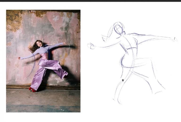 Drawing for animators instructors draws example gesture image using photoshop of a dancer wearing pink and purple clothing