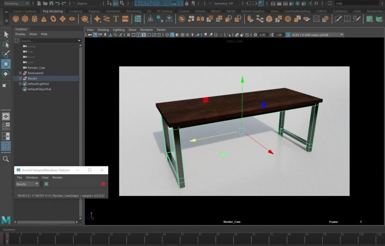 Photo of maya workspace, in which an animation instructor is giving a demo of how to apply textures to a 3D table surface he has created with the program.