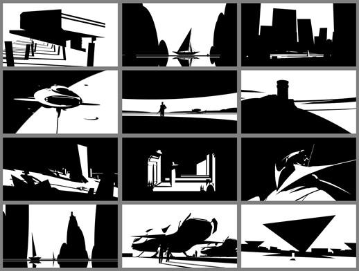 3 x 3 grid depicting example of basic storyboarding using black and white images that display black and white images of potential scenes for an animated story.