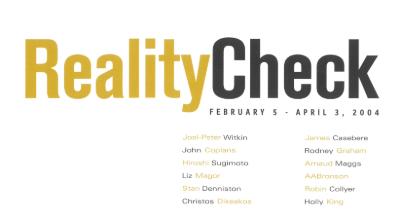 Reality Check, detailed view of postcard, 2004. Reads: RealityCheck in yellow then black font on a white background, artists names are below on the righthand side.