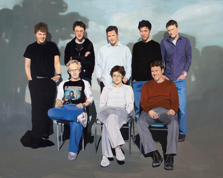 Painting: Chris Cran, 'From Puberty to Poverty', 2001. Illingworth Kerr Gallery Collection. The painting is of five people standing in front of three seated people, over a nondescript background. 