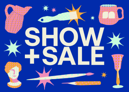 Bold cream text reading “SHOW + SALE” on a bright blue background, surrounded by colorful illustrated art tools, pottery, and stars.