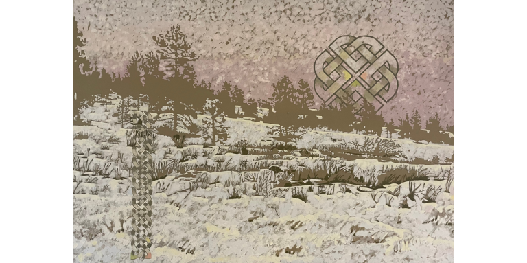 A recent painting by Dennis shows an landscape with high contrast snow and pale trees on a hill with Celtic symbols overlaying the photo-realistic scape